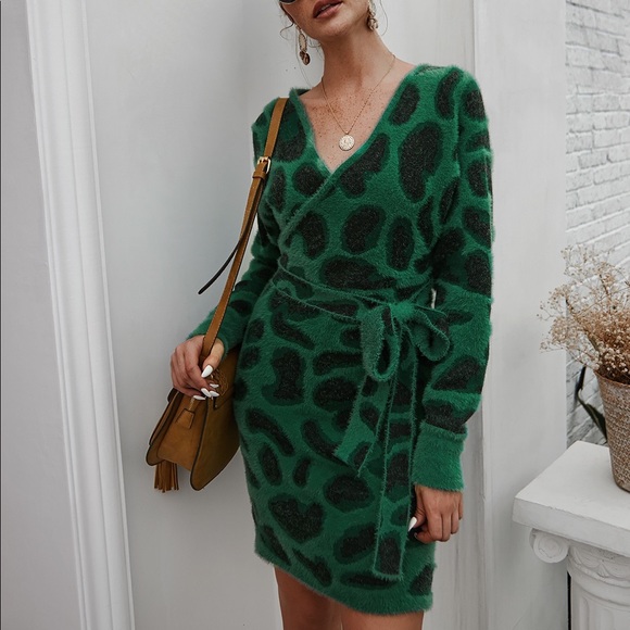 🆕🔥Leopard V Neck Tie Belt Sweater Dress Jade - Picture 3 of 6